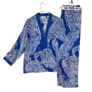 Morgan Taylor Intimates Pajama Set Womens Medium Blue White Paisley Satin 2 Piec